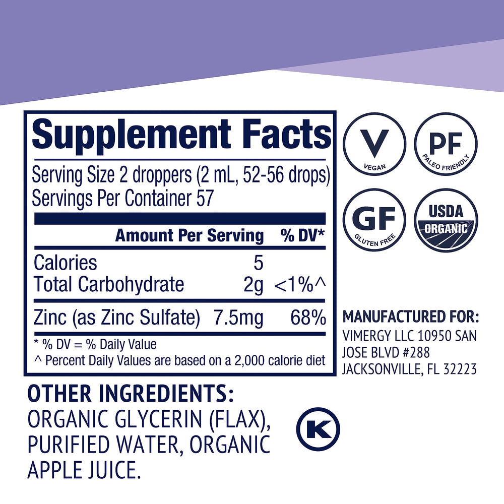 Vimergy Zinc Drops label shows USDA Organic and vegan formula.