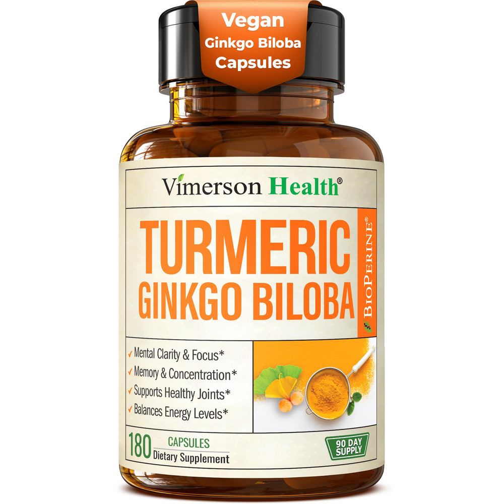 Vimerson Health Ginkgo Biloba and Turmeric bottle front promoting focus.