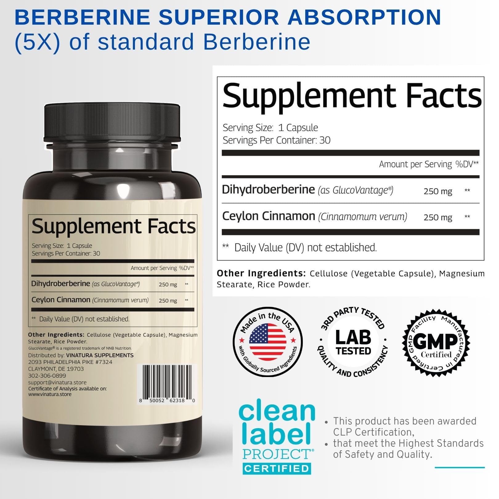 Dihydroberberine and cinnamon capsules close-up