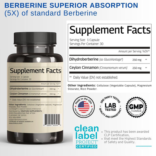 Dihydroberberine and cinnamon capsules close-up