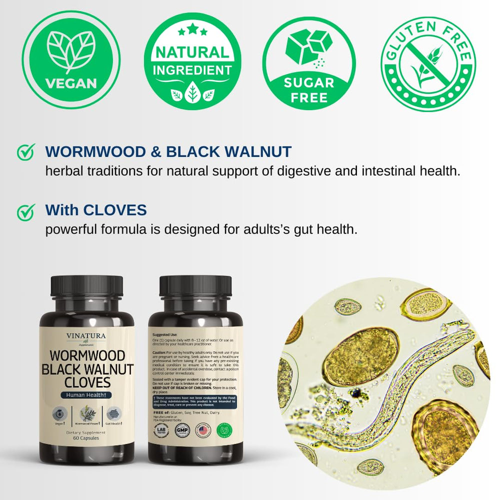 Ingredient blend per capsule: wormwood, black walnut, clove