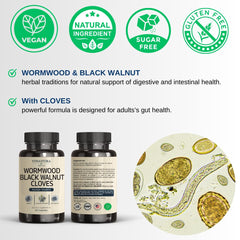 Ingredient blend per capsule: wormwood, black walnut, clove