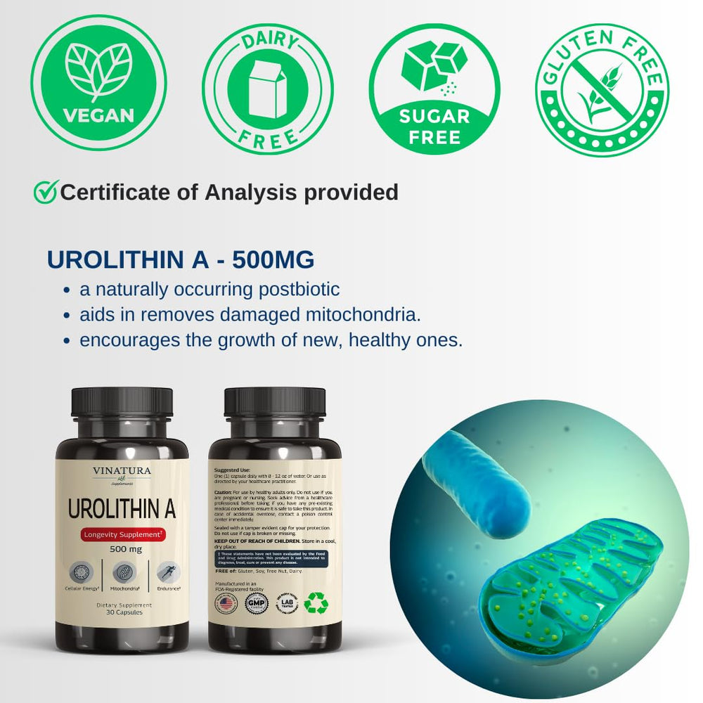 VINATURA Urolithin A 500mg bottle on white background