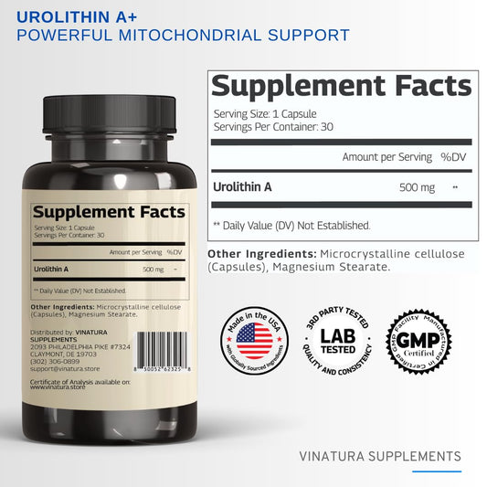 Back label displaying dosage and ingredients for VINATURA Urolithin A 500mg