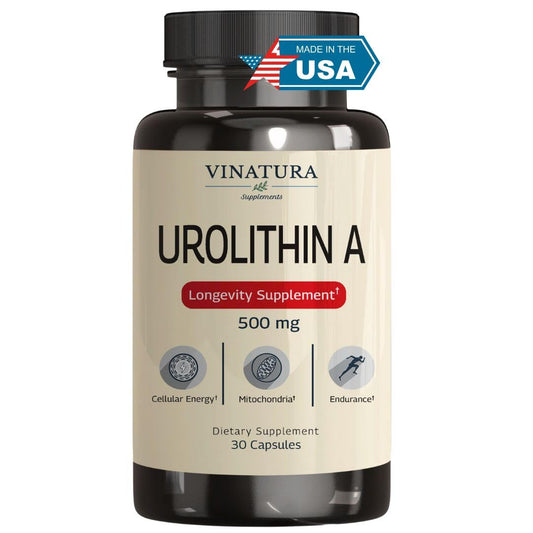 Front view of VINATURA Urolithin A 500mg capsules bottle