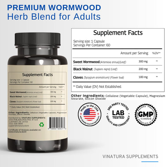 VINATURA Wormwood Black Walnut Clove Capsules bottle back and label