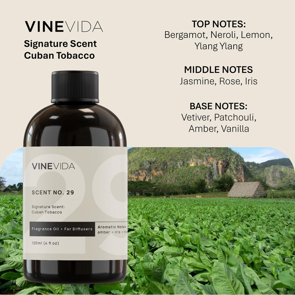 Close-up of VINEVIDA Cuban Tobacco Fragrance Oil 4 oz bottle label