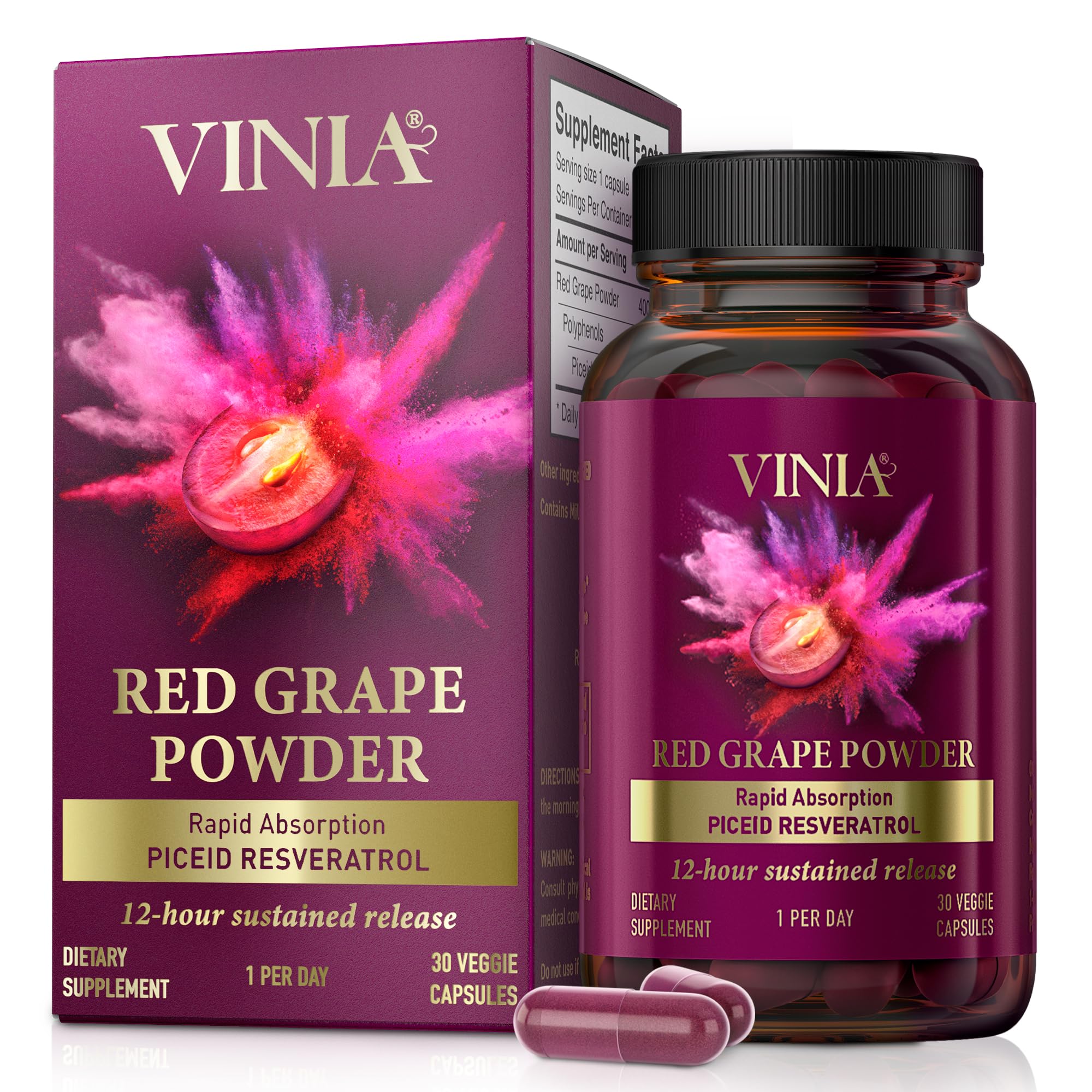 VINIA Piceid Resveratrol supplement bottle supports daily cardiovascular wellness.
