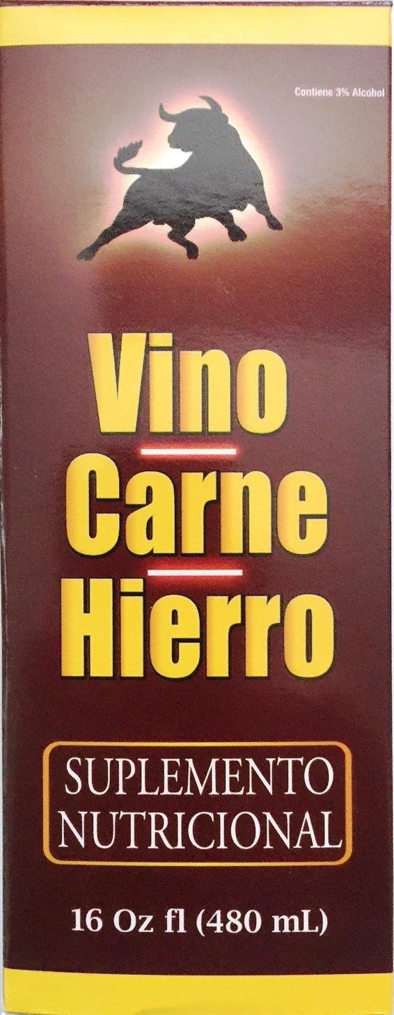 Two 16 oz bottles of Vino Carne Hierro dietary supplement side by side