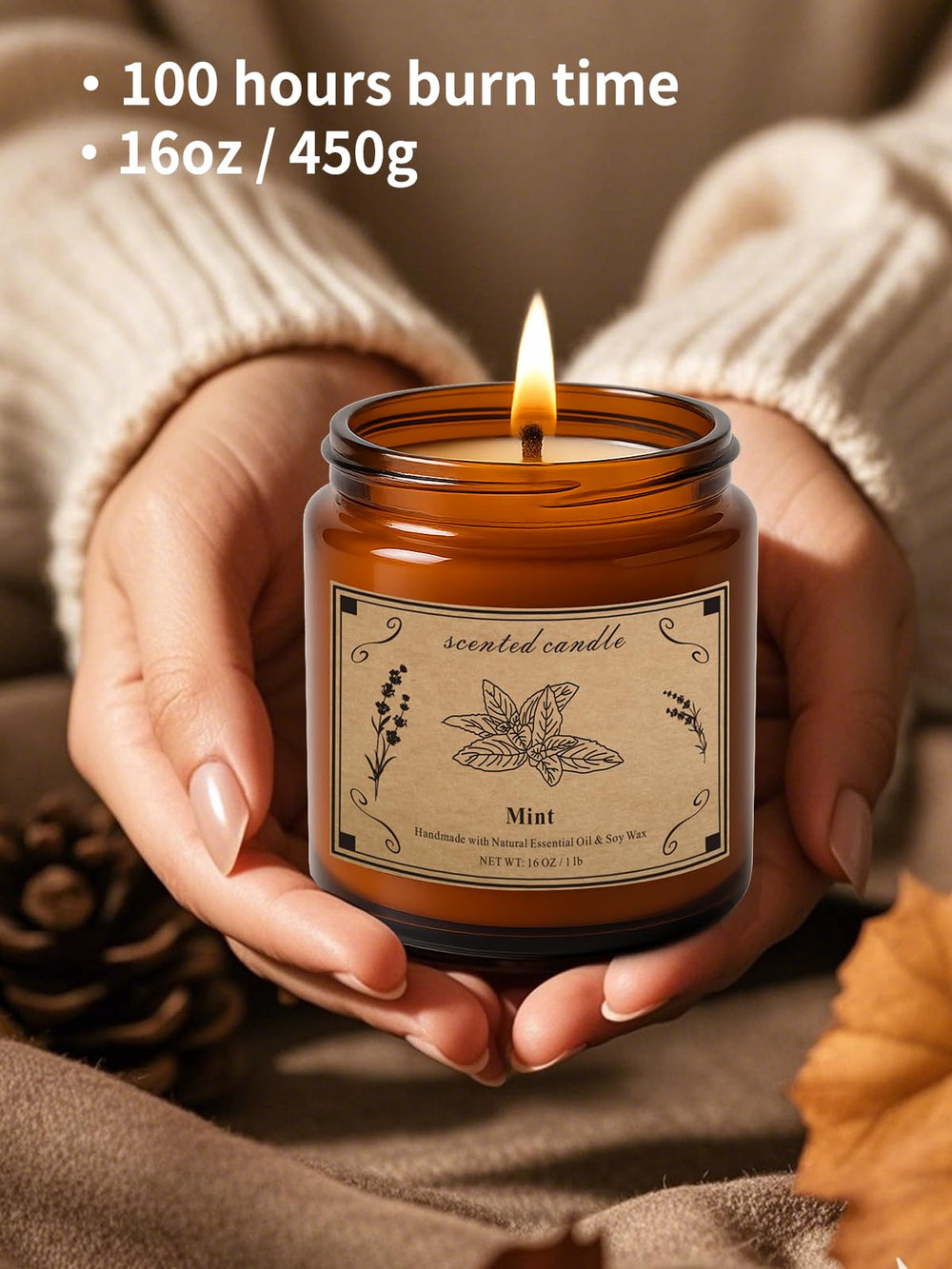 Vintage amber glass jar candle with a gold lid