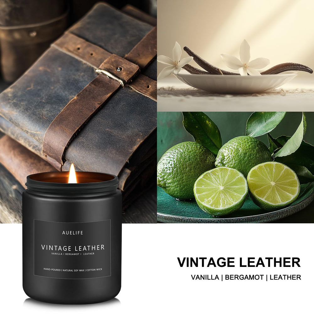 Close-up of leather-scented candle with black lid