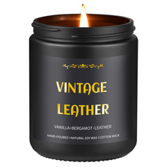 Vintage Leather Candle in a black jar with gold embossing
