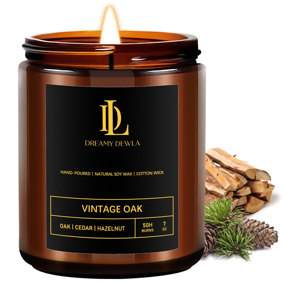 Front view of Vintage Oak Scented Candle in a 7oz jar