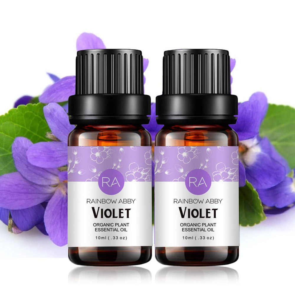 Two 10ml violet essential oil bottles - front view