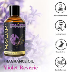 Close-up of MAYJAM Violet Reverie fragrance oil bottle