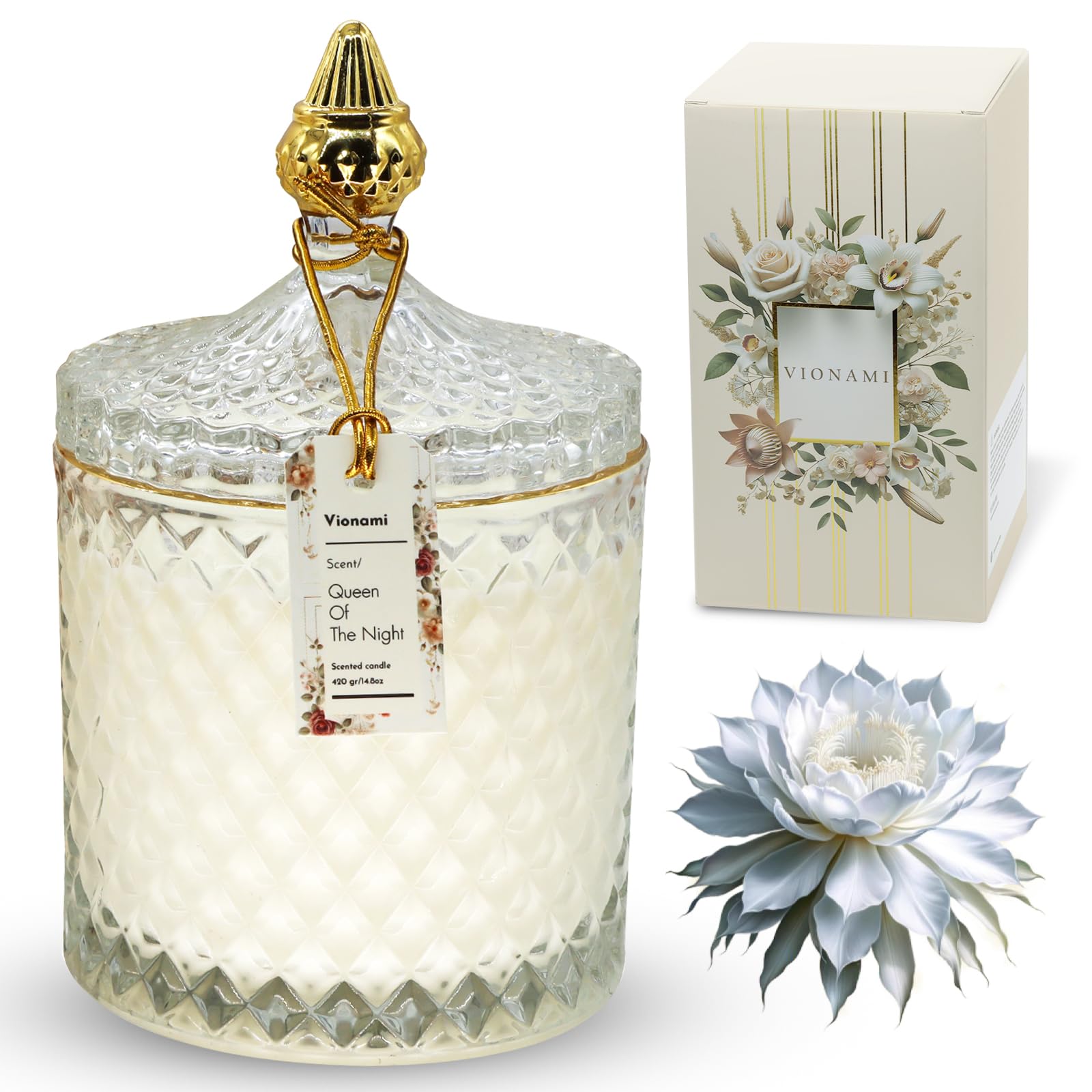 Queen of the Night-inspired luxury candle in a diamond-cut glass jar