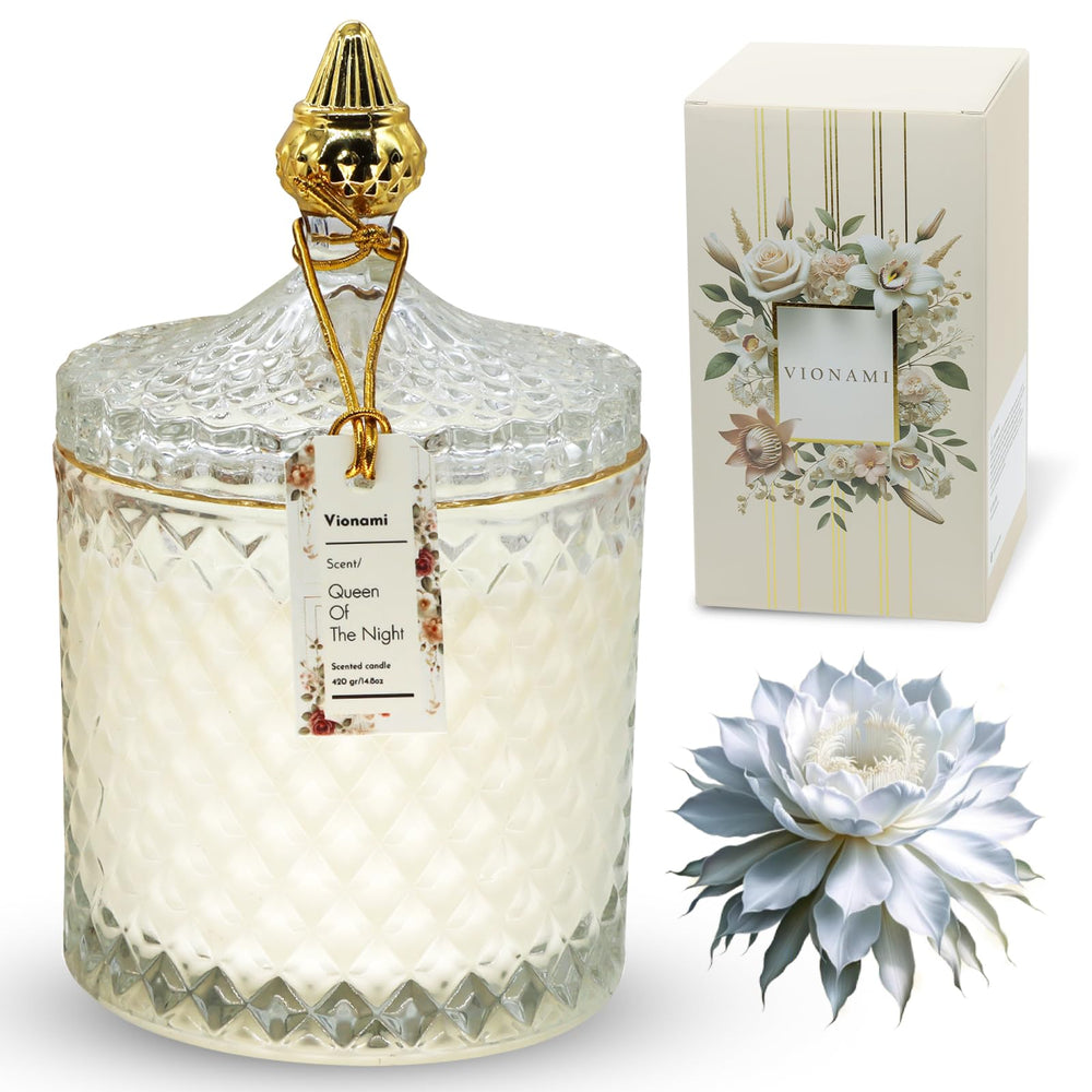 Queen of the Night-inspired luxury candle in a diamond-cut glass jar