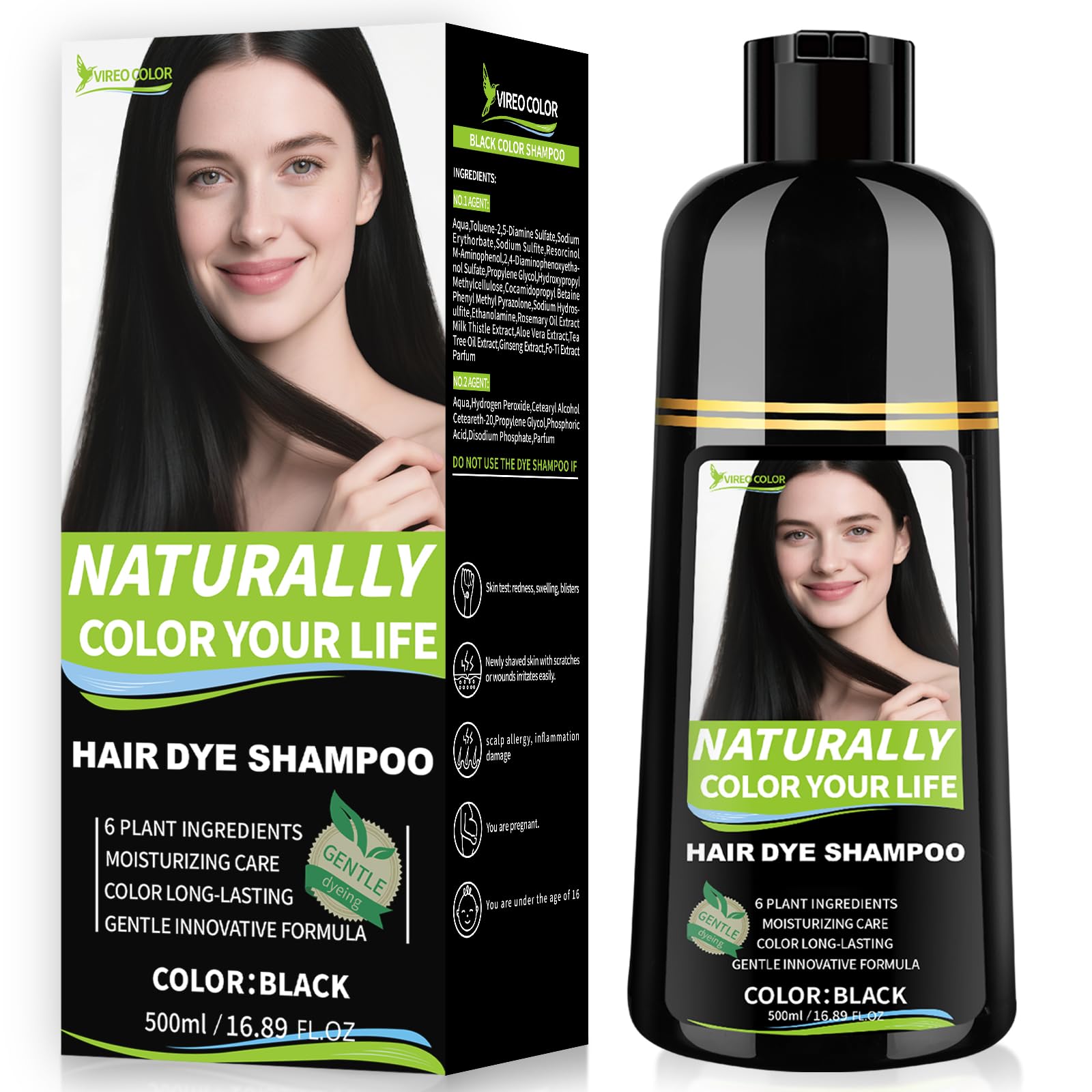 Vireo Color black hair dye shampoo bottle shows at-home color in a single step.