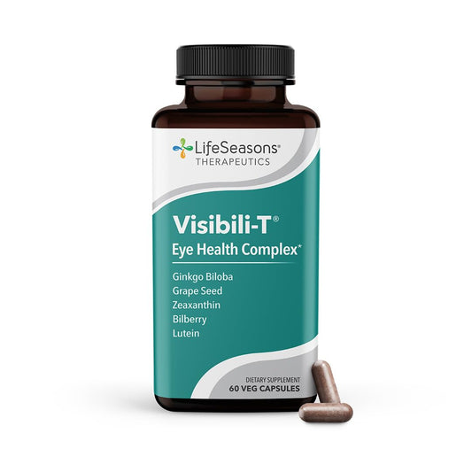 Visibili-T eye health supplement bottle with label highlighting ingredients