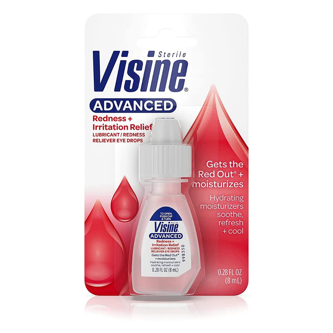 Visine Advanced Relief Eye Drops bottle, compact 0.28 oz for on-the-go redness relief