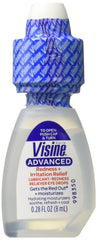 Visine Advanced Relief Eye Drops bottle shows a compact, portable eye comfort solution for red, dry eyes.
