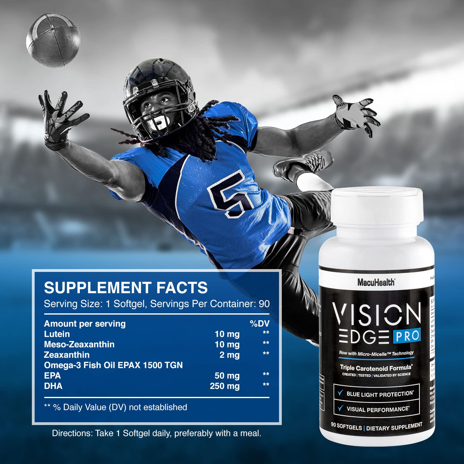 Vision Edge Pro label closeup highlights lutein, meso-zeaxanthin, and zeaxanthin.