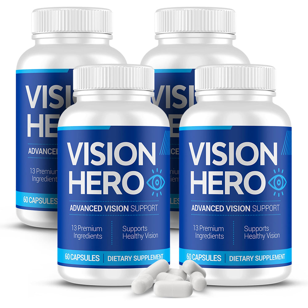 Vision Hero Advanced Vision Support bottle with four-pack packaging