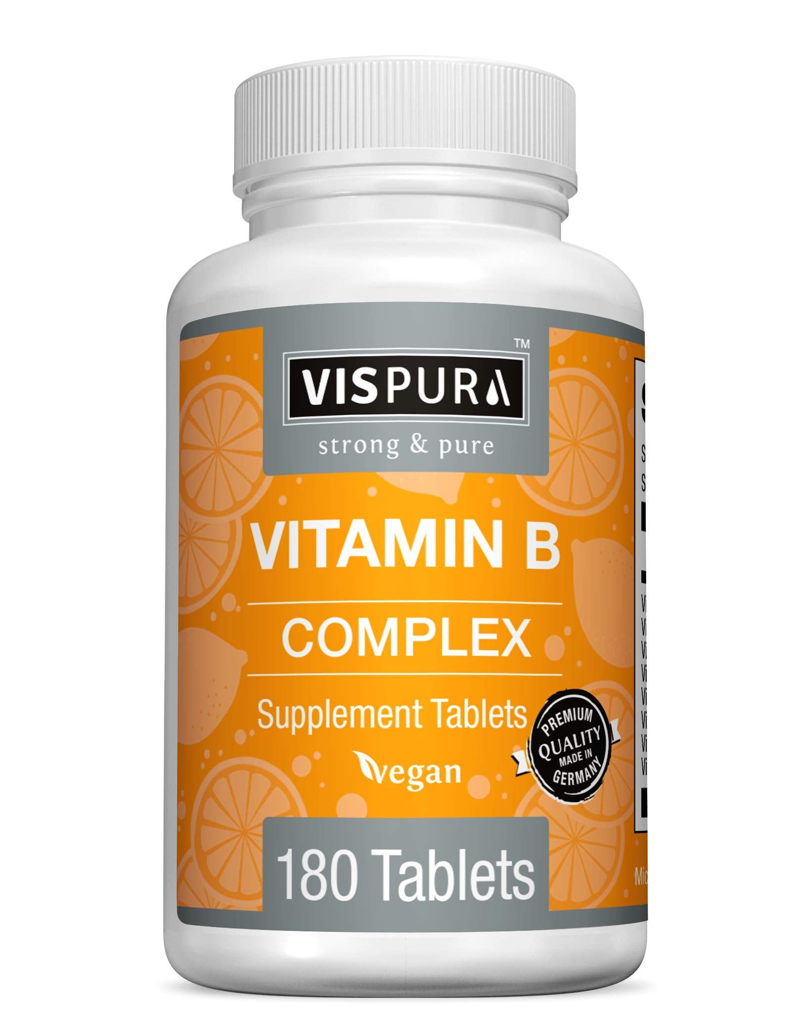 Front view of VISPURA Vitamin B-Complex bottle with 180 vegan tablets