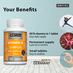 Close-up of 180 vegan tablets from VISPURA Vitamin B-Complex