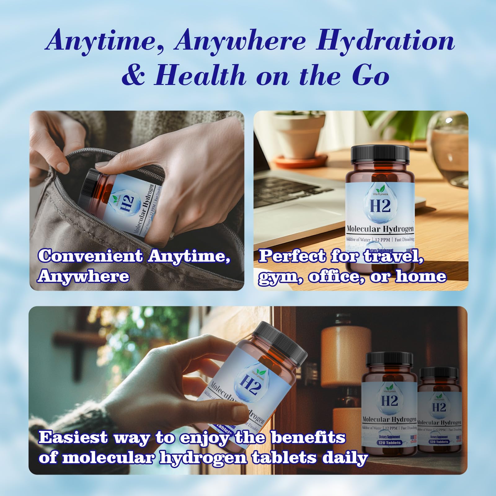 Ingredients include Vitamin B12, Vitamin C, Vitamin E, Resveratrol and magnesium with hydrogen tablets.