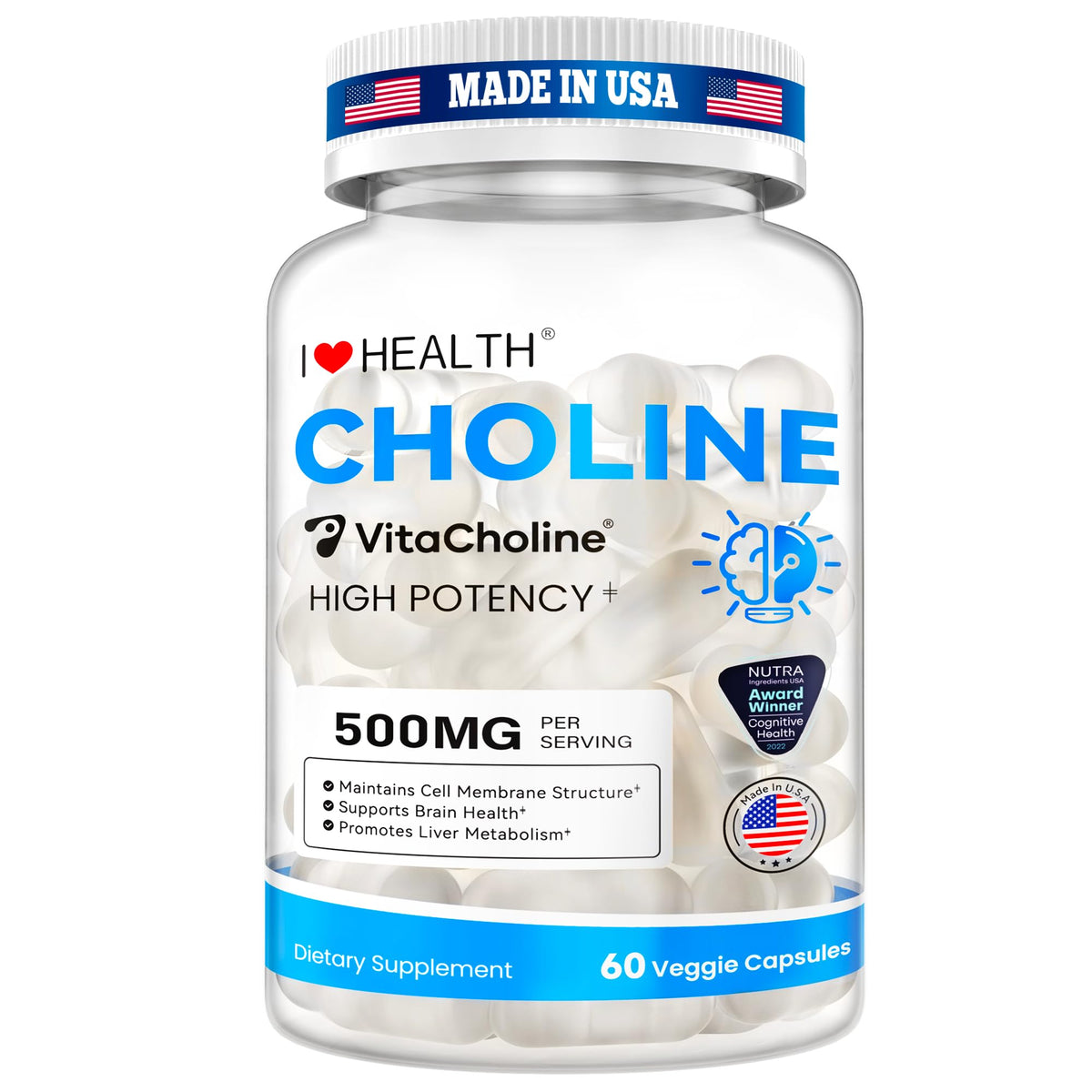 Bottle of VitaCholine 500mg liquid capsules for pregnancy support