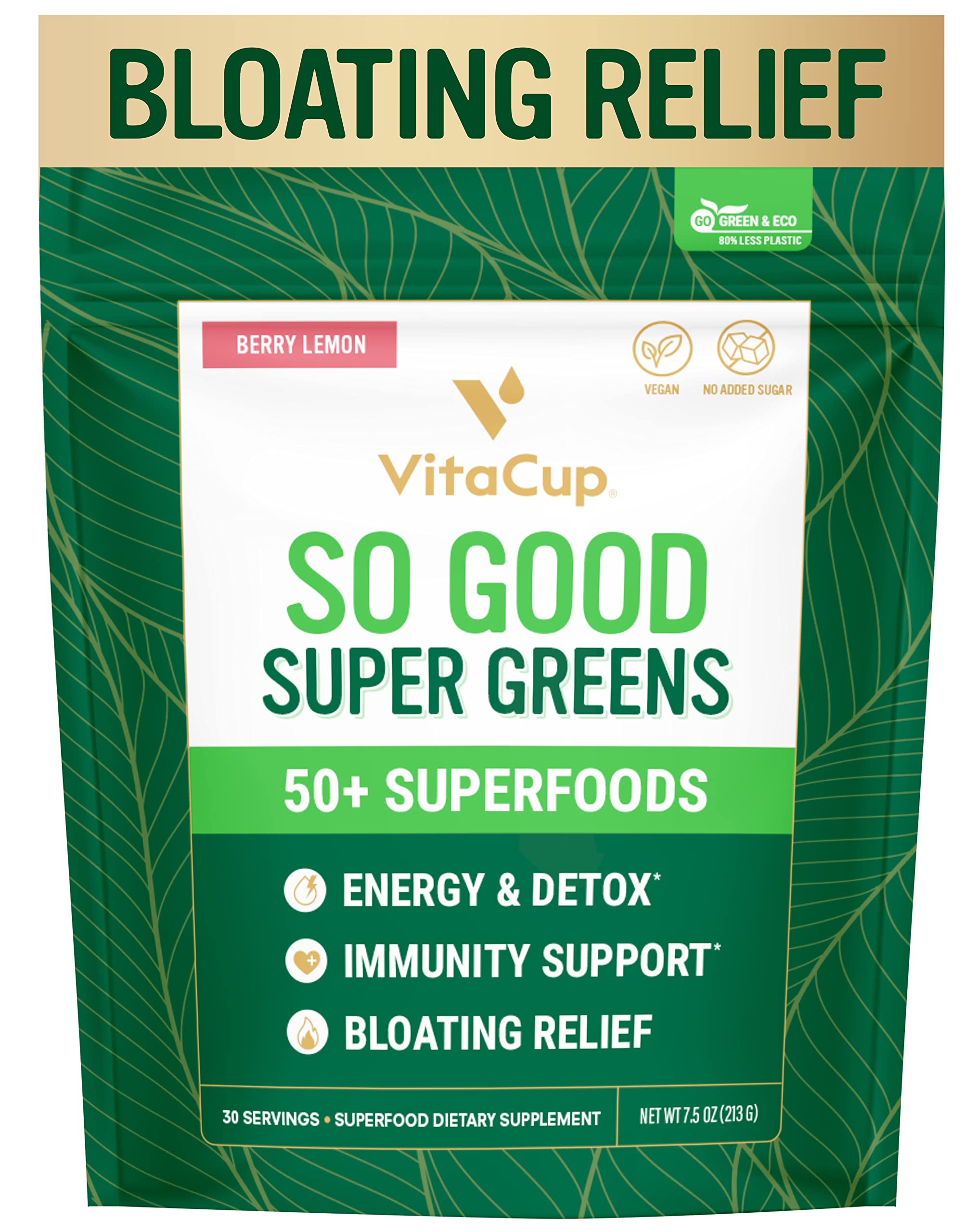Front view of VitaCup So Good Super Greens Berry Lemon packaging