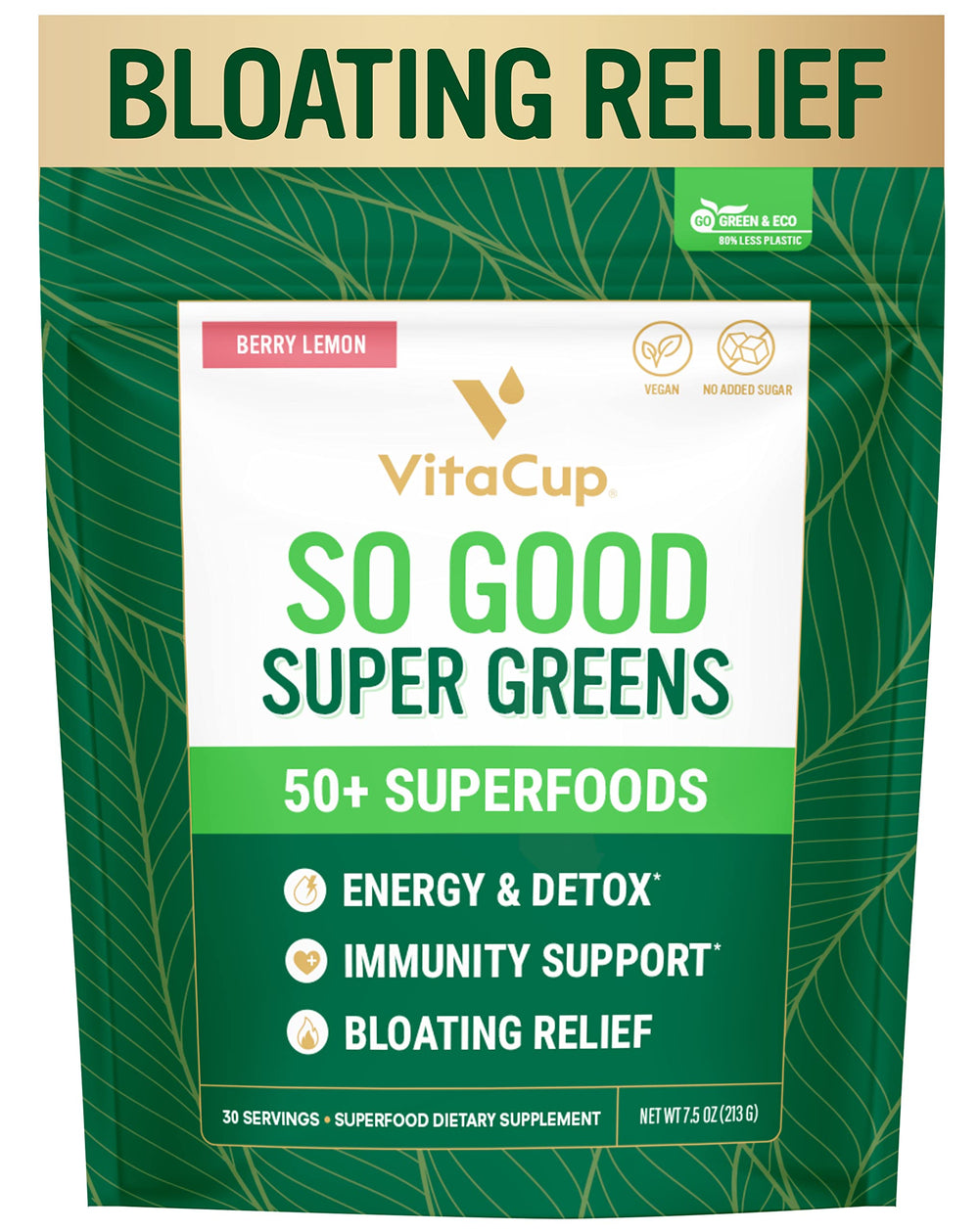 Front view of VitaCup So Good Super Greens Berry Lemon packaging