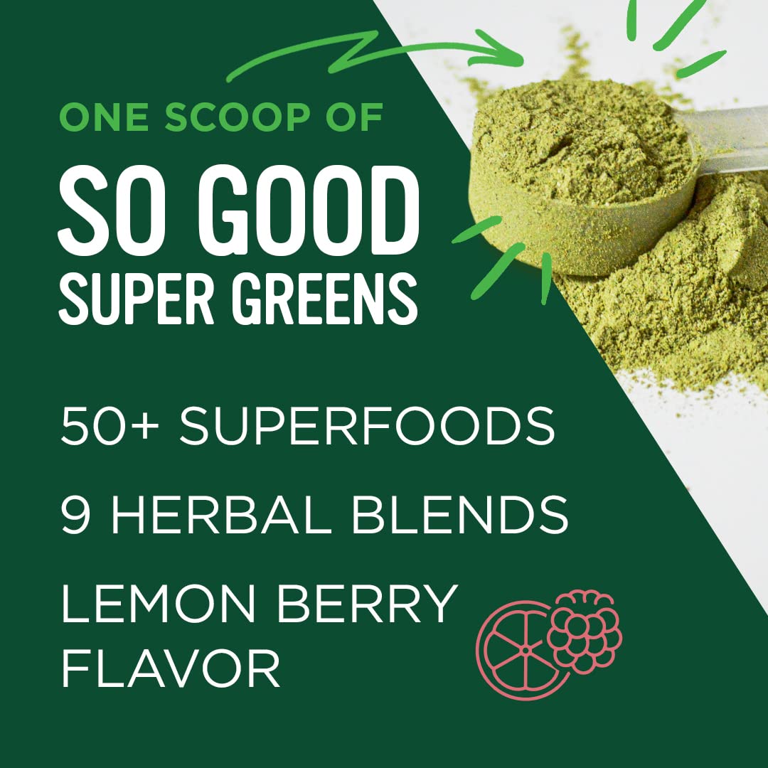 Ingredients panel showing 50+ superfoods for VitaCup So Good Super Greens