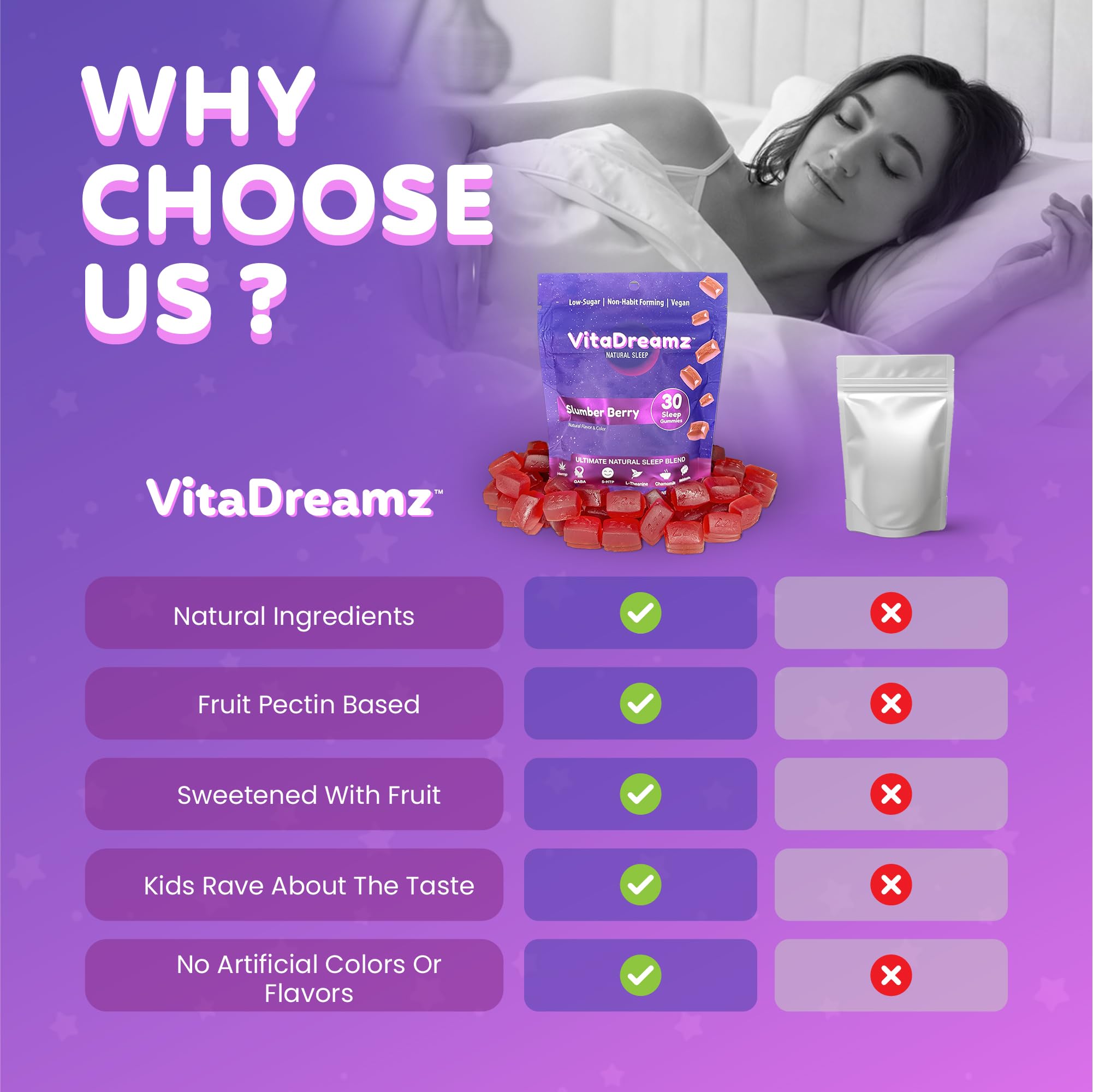 VitaDreamz packaging highlighting vegan, non-GMO formula