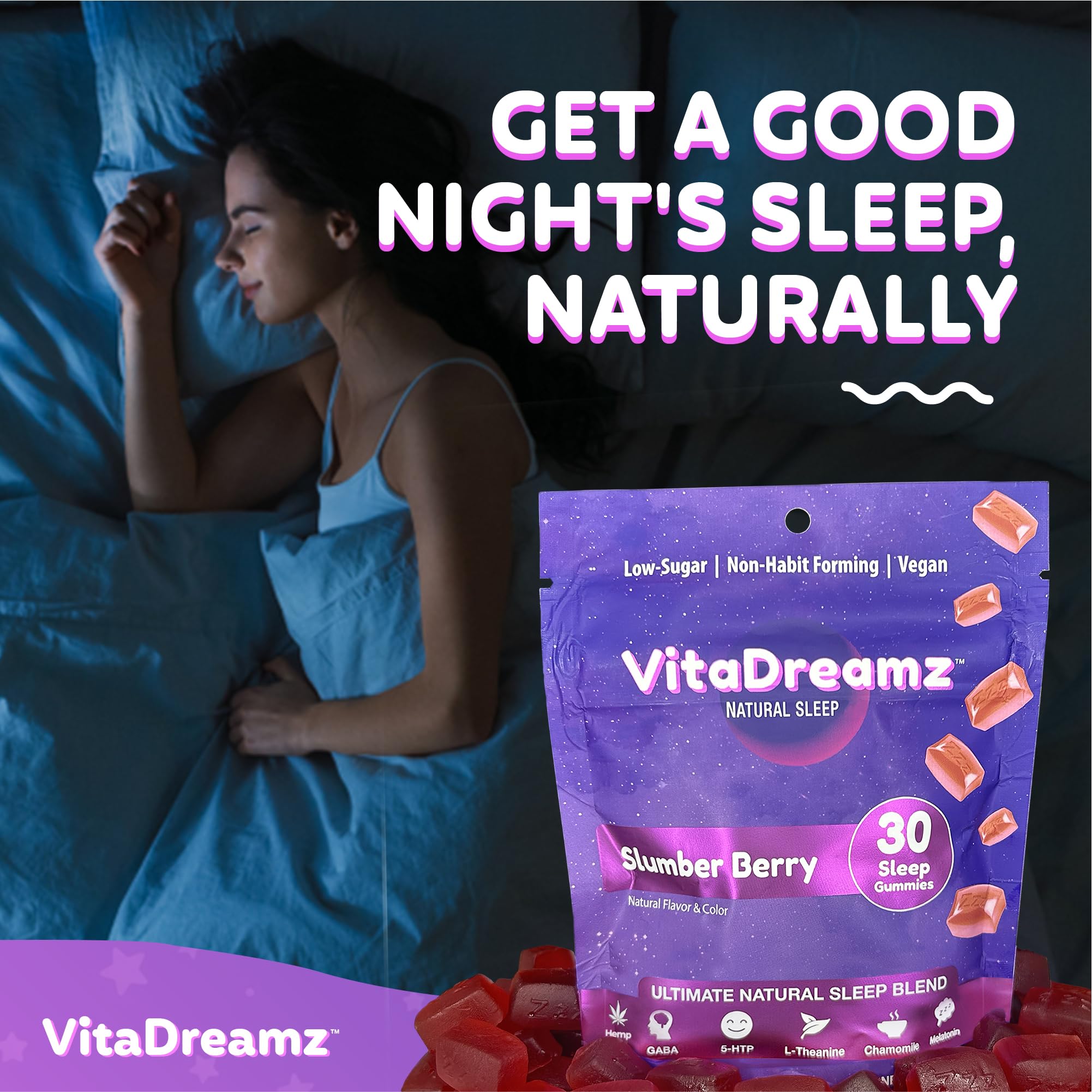 Ingredients including melatonin, L-theanine, GABA, chamomile and 5-HTP