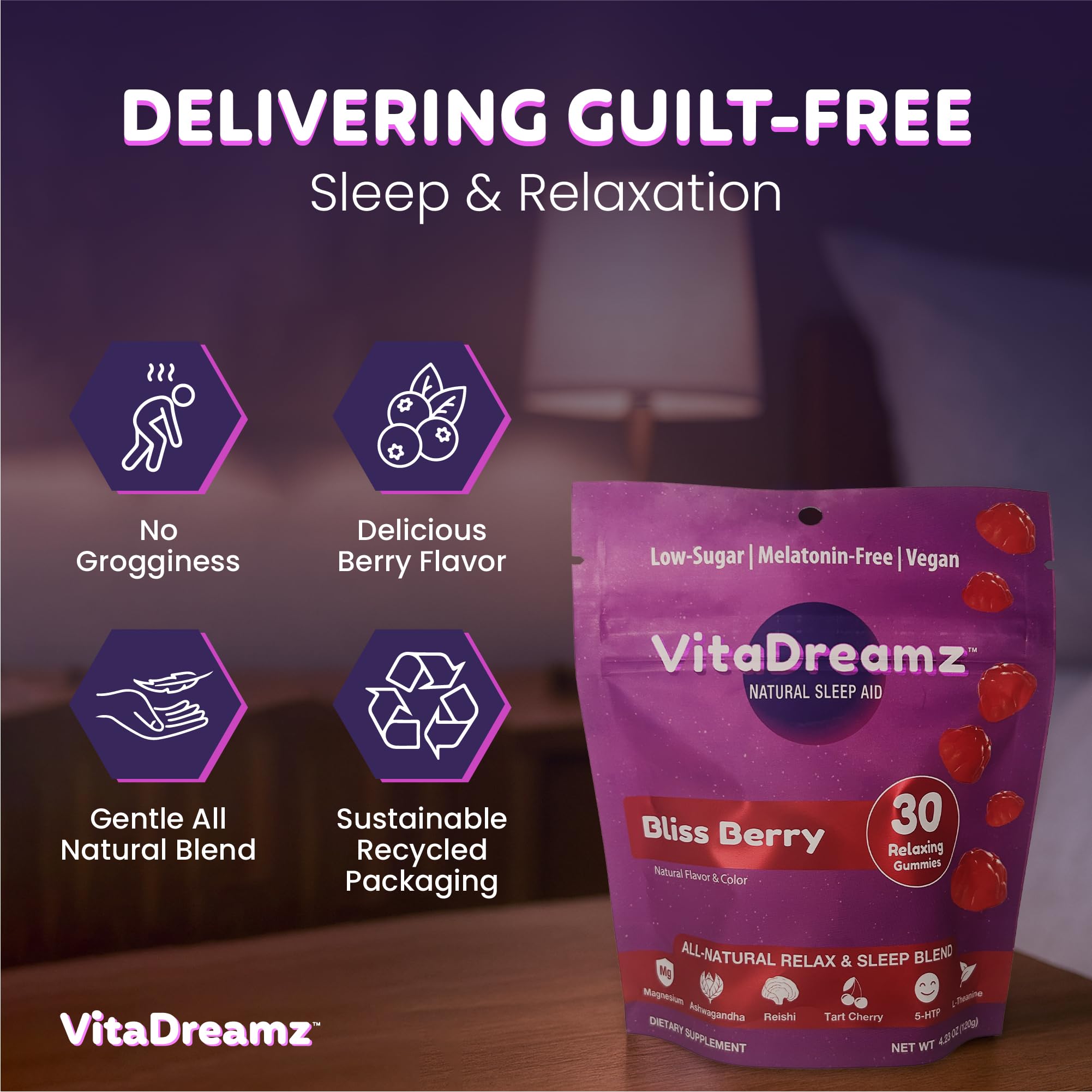 Resealable pouch of VitaDreamz Sleep Gummies for travel