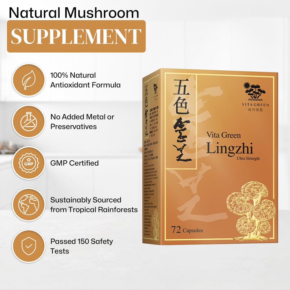Foil-sealed bottle helps preserve freshness of Vita Green Lingzhi.