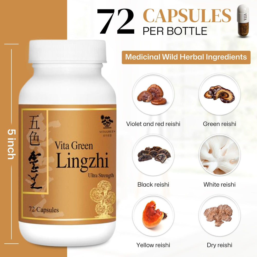 Ingredients list showing Lingzhi mushrooms and natural antioxidants.