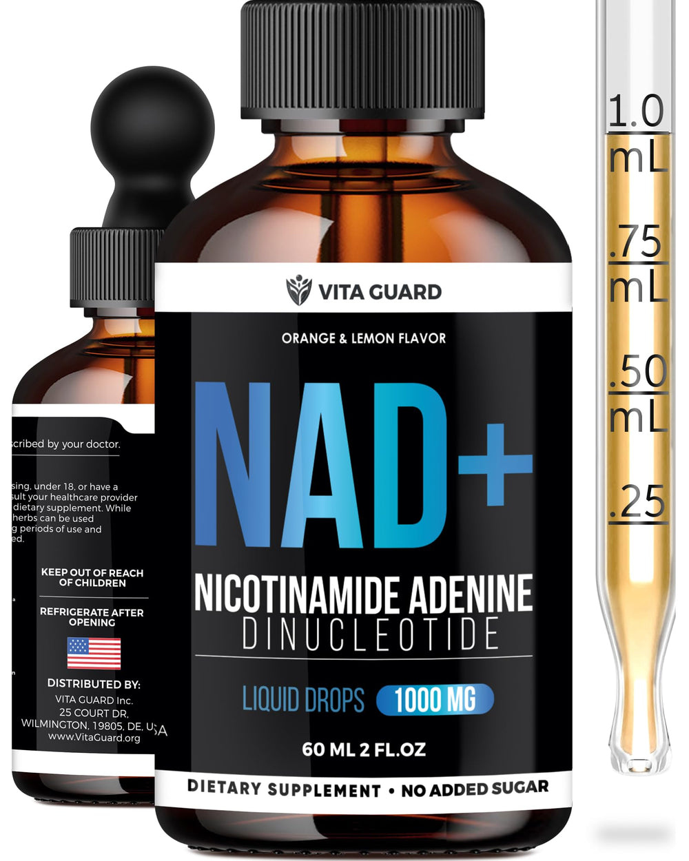 Vita Guard NAD+ drops bottle with lemon-orange flavor label