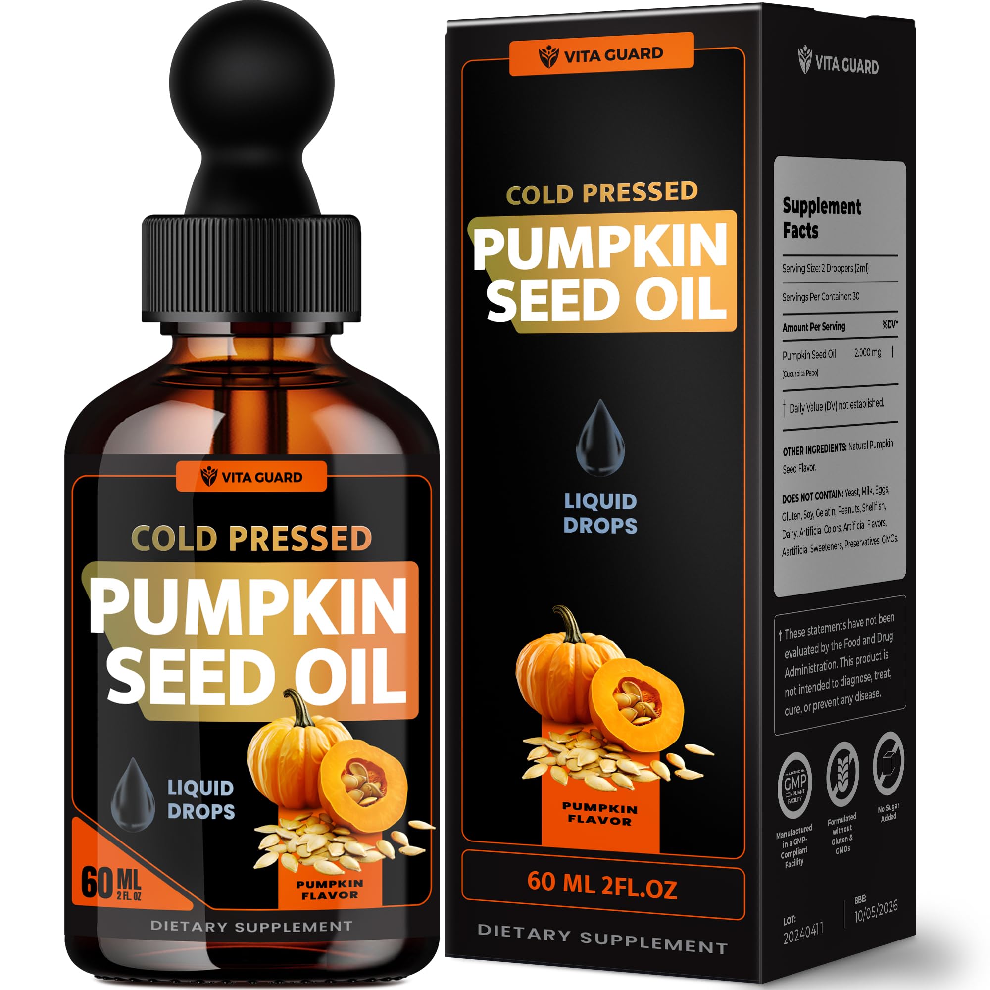 Vita Guard pumpkin seed oil drops bottle on white background