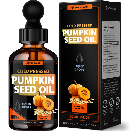 Vita Guard pumpkin seed oil drops bottle on white background