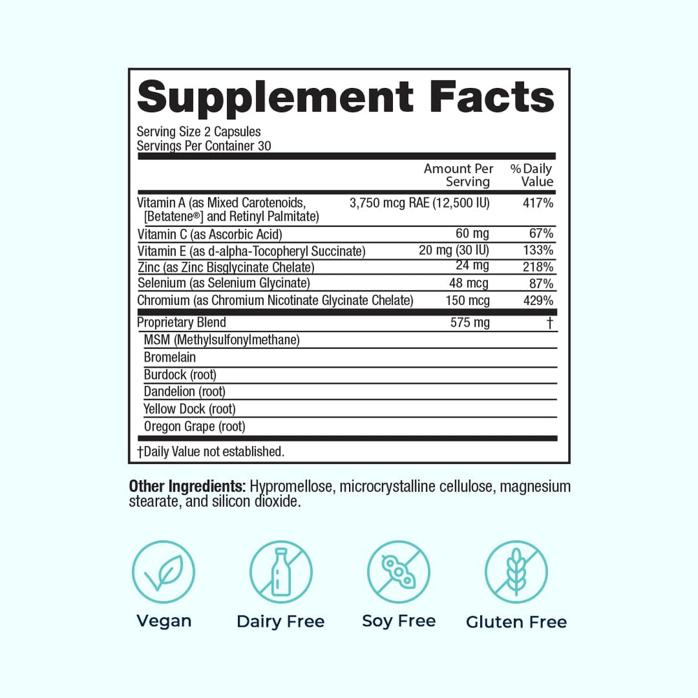 Vegan, dairy-free VitaMedica Clear Skin Formula label