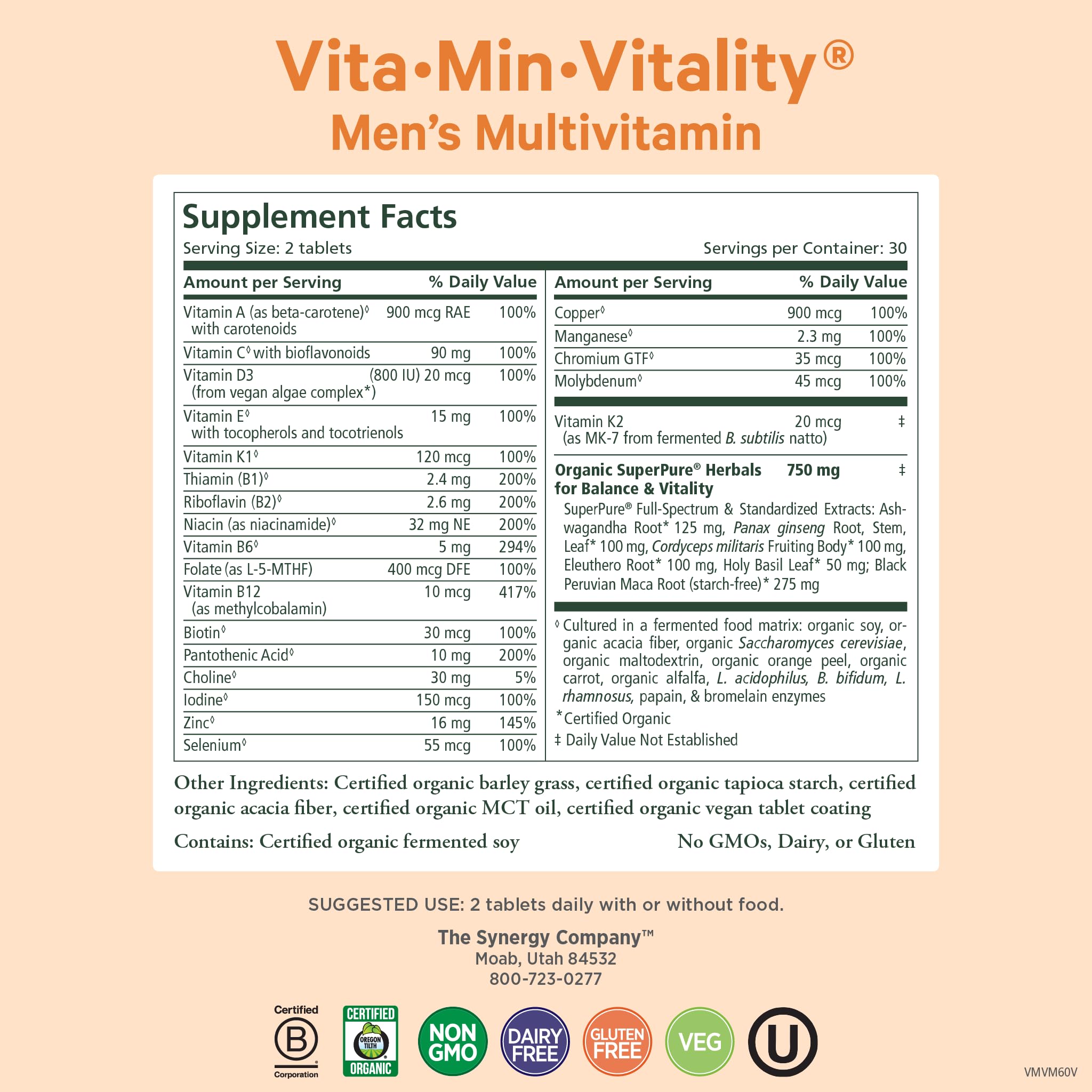 Vita·Min·Vitality organic ingredients label highlighting whole foods