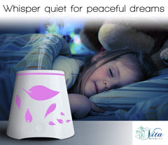 Vita Miracle essential oil diffuser night mode shows zero-light operation for deep sleep.