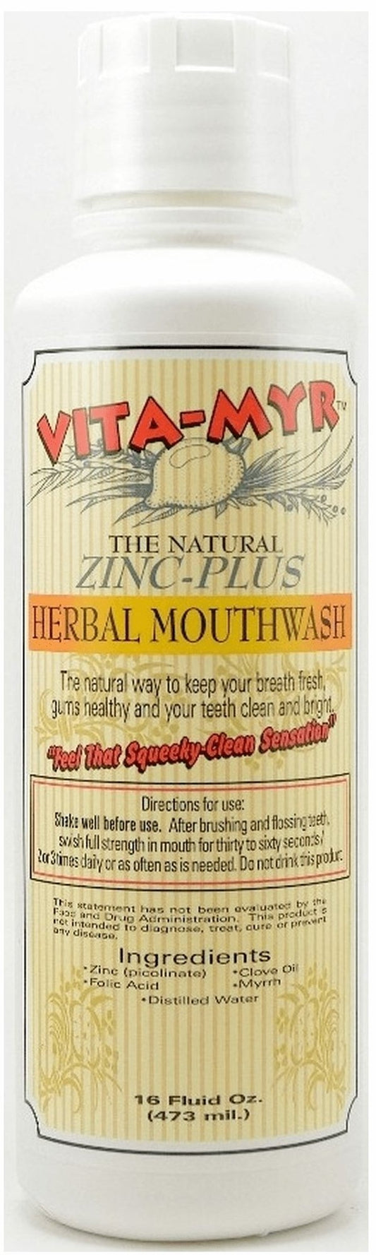 VITA-MYR 16 oz Herbal Zinc-Plus Mouthwash bottle close-up – No SLS, No Sugar, No Fluoride, No Alcohol