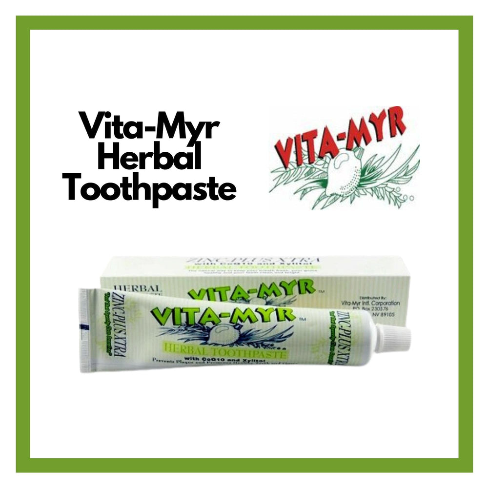 Close-up of VITA MYR toothpaste label showing CoQ10 and Xylitol