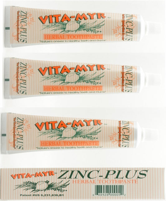 3 Pack VITA-MYR Zinc Plus Toothpaste 4 oz - front view