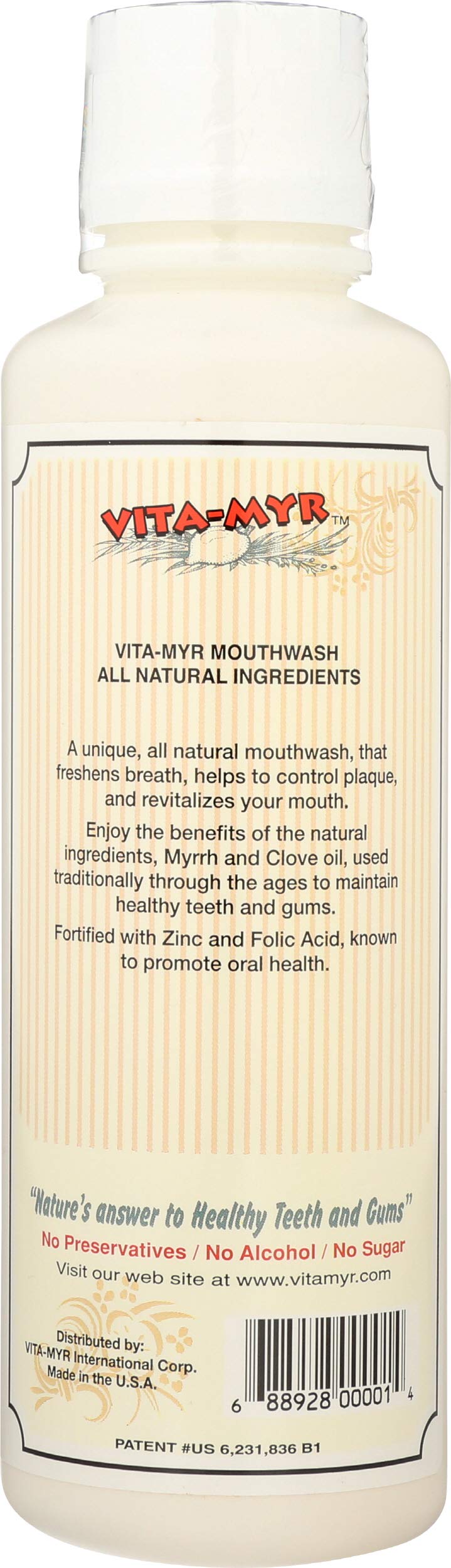 Close-up of VITA-MYR Zinc-Plus Xtra Herbal Mouthwash bottle and label