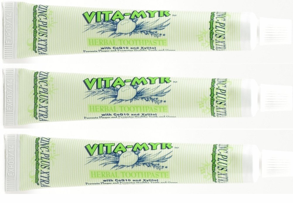 Front view of 3-pack VITA-MYR Zinc Plus Xtra Herbal Toothpaste 5.4 oz